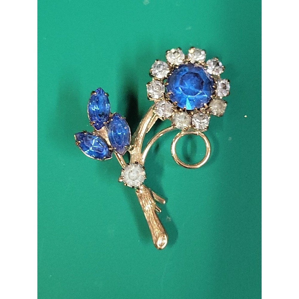 Vtg Sunflower Flower Brooch Pin Prong Set Blue Rhinestones Silver Tone Metal